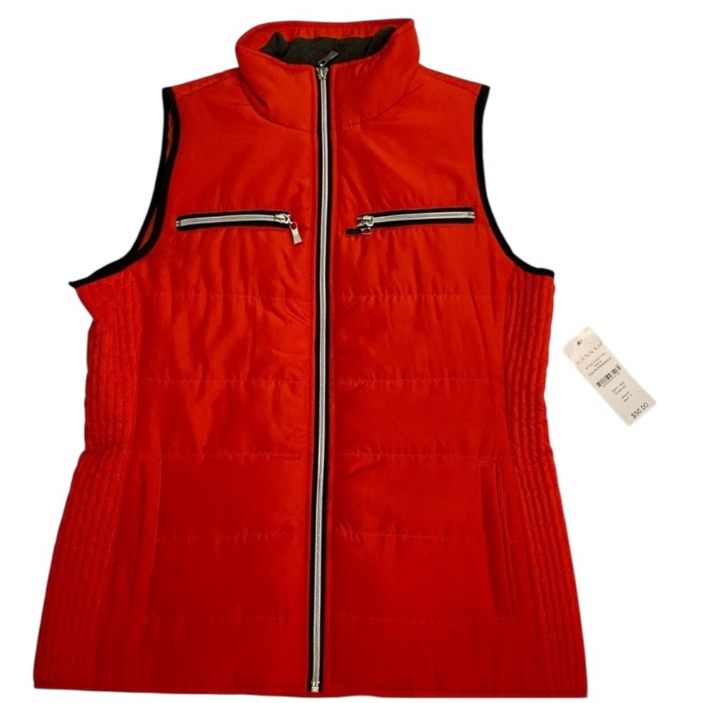 NWT Hannah Light Weight Puffer Fitted Vest Red Persimmon Black Trim Sz S